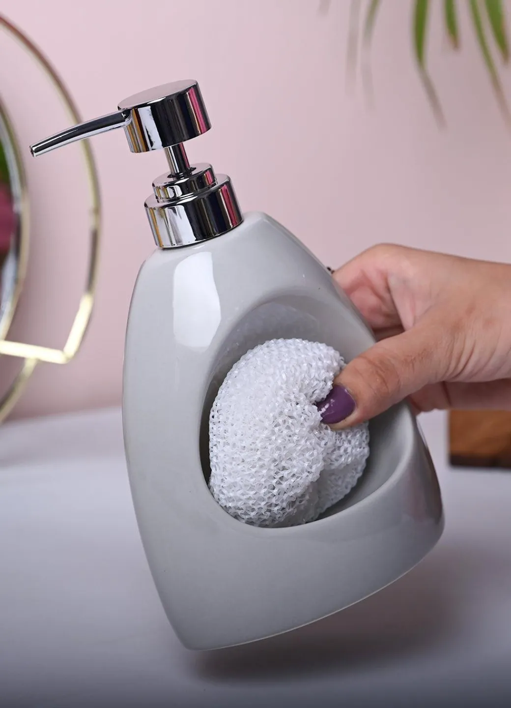Sophisticated Grey Kitchen Dispenser With Scrubber - Cylindrical Shape