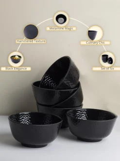 Soup Bowl, Hammered, Melamine, Black, Set of 6