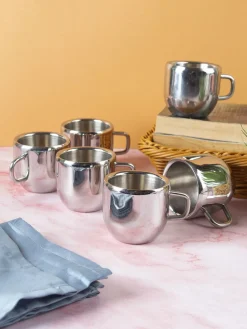 Stainless Steel Solid Tea & Coffee Mugs ( Set Of 6, 100 mL, Silver Colour)