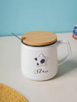 Star Ceramic Coffee Mug With Lid - 350 ml, Stirring Spoon