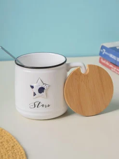Star Ceramic Coffee Mug With Lid - 350 ml, Stirring Spoon