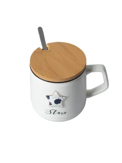 Star Ceramic Coffee Mug With Lid - 350 ml, Stirring Spoon