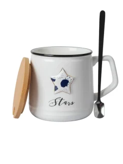 Star Ceramic Coffee Mug With Lid - 350 ml, Stirring Spoon
