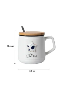 Star Ceramic Coffee Mug With Lid - 350 ml, Stirring Spoon