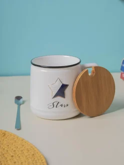 Star Ceramic Coffee Mug With Lid - 350 ml, Mixing Spoon