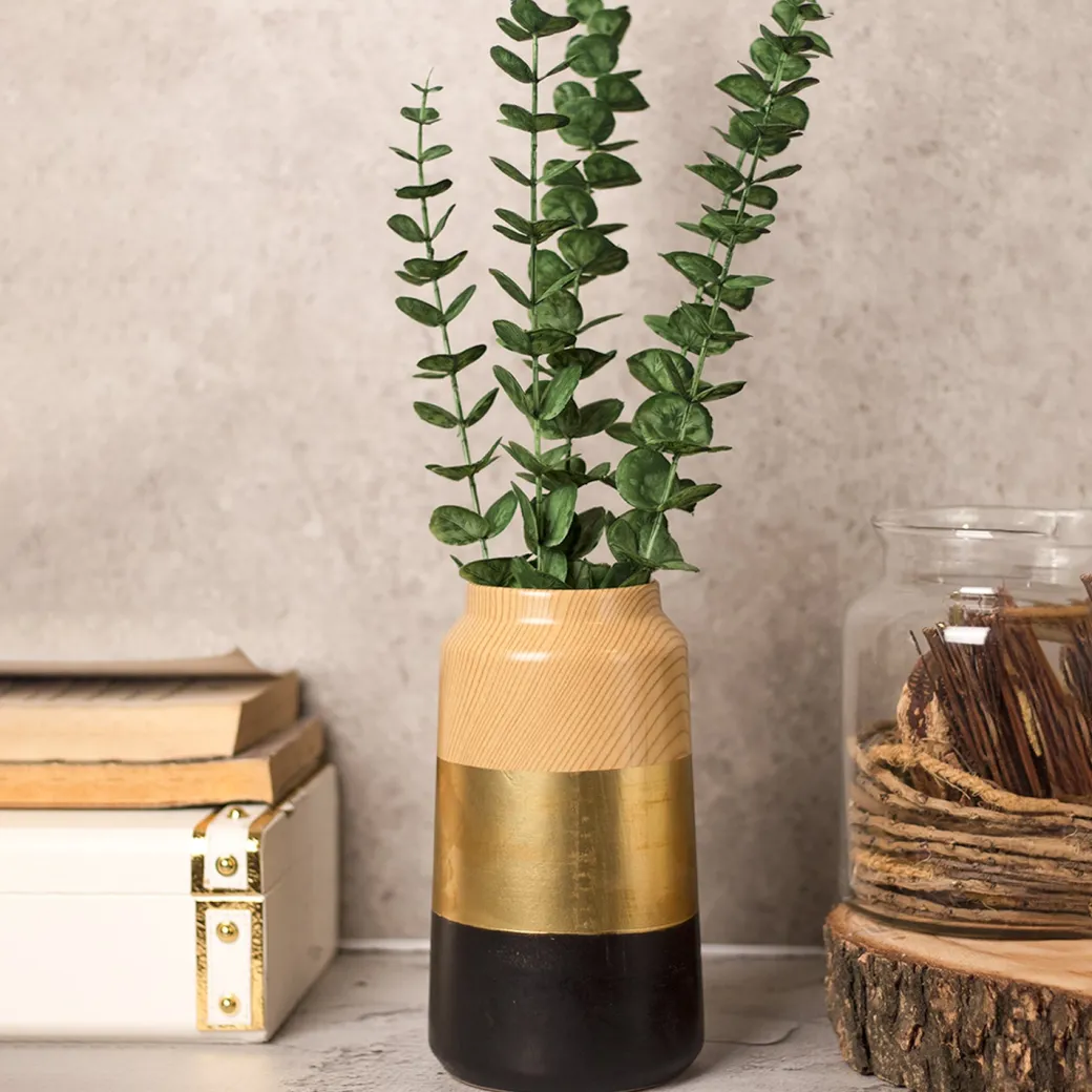 Stylish Ceramic Flower Holder Vase - Wooden, White & Golden