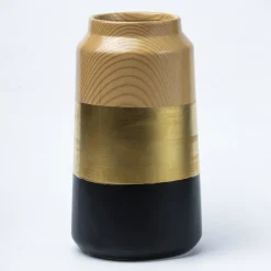 Stylish Ceramic Flower Holder Vase - Wooden, White & Golden