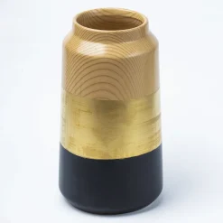 Stylish Ceramic Flower Holder Vase - Wooden, White & Golden