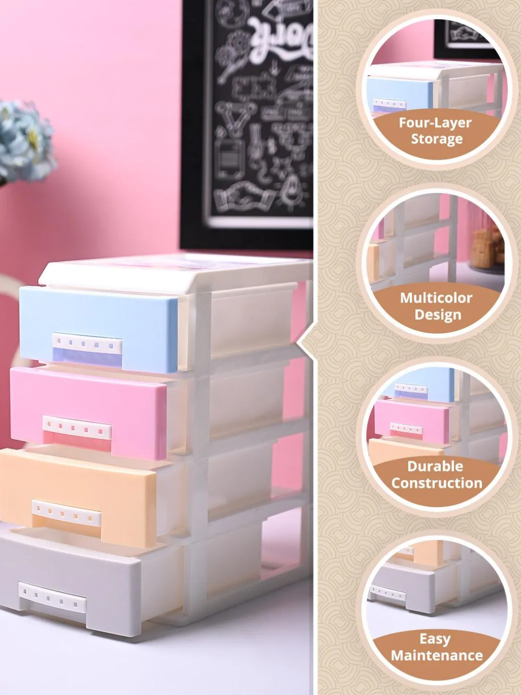 Stylish Multicolor 4 Layer Table Drawer