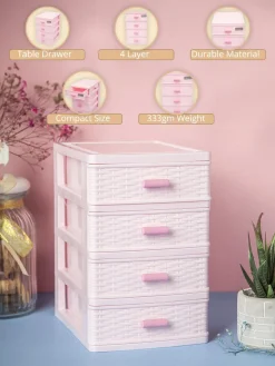 Table Drawer, Modern Design, 4 Layer Drawer, Pink, Plastic
