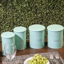 Tea & Sugar Jar (Each 900 Ml) + Cookie & Namkeen Jar (Each 1700 Ml) - Polka Dot Green, Set Of 4