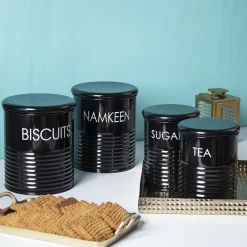 Tea & Sugar Jar (Each 900 Ml) +  Biscuits & Namkeen Jar (Each 1700 Ml) - Black, Set Of 4