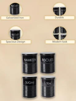 Tea & Sugar Jar (Each 900 Ml) +  Biscuits & Namkeen Jar (Each 1700 Ml) - Black, Set Of 4