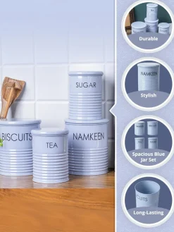 Tea & Sugar Jar (Each 900 Ml) +  Biscuits & Namkeen Jar (Each 1700 Ml) - Light Blue, Set Of 4