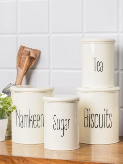 Tea & Sugar Jar (Each 900 Ml) +  Biscuits & Namkeen Jar (Each 1700 Ml) - White, Set Of 4