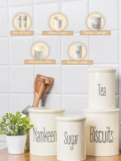 Tea & Sugar Jar (Each 900 Ml) +  Biscuits & Namkeen Jar (Each 1700 Ml) - White, Set Of 4