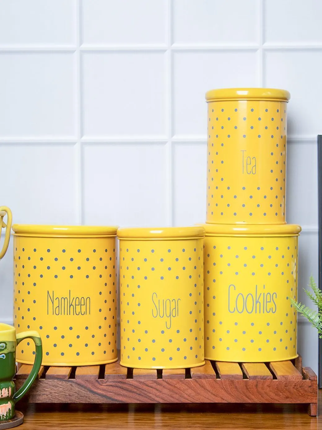 Tea & Sugar Jar (Each 900 Ml) + Cookie & Namkeen Jar (Each 1700 Ml) - Polka Dot Yellow, Set Of 4