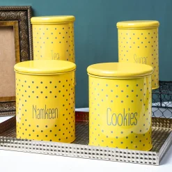 Tea & Sugar Jar (Each 900 Ml) + Cookie & Namkeen Jar (Each 1700 Ml) - Polka Dot Yellow, Set Of 4