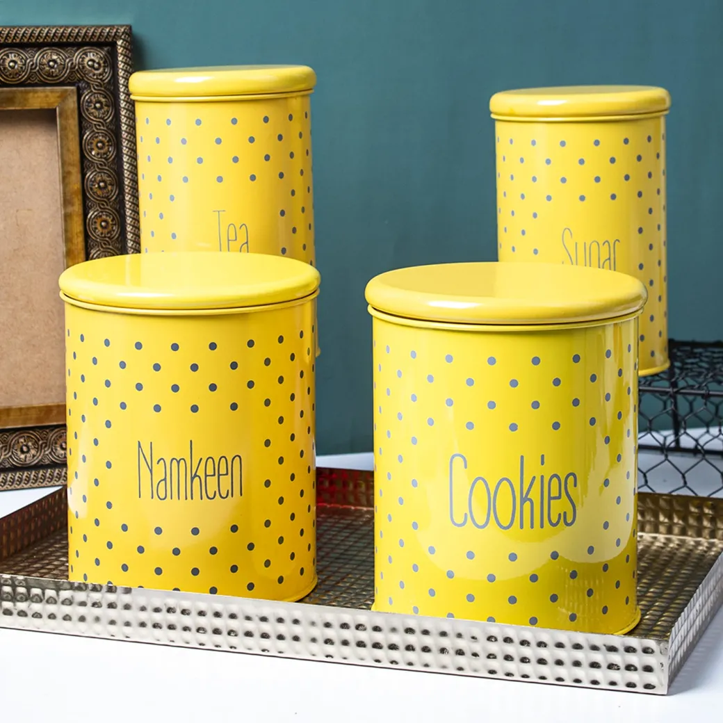 Tea & Sugar Jar (Each 900 Ml) + Cookie & Namkeen Jar (Each 1700 Ml) - Polka Dot Yellow, Set Of 4