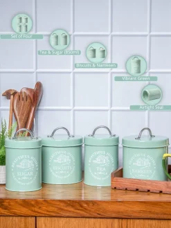 Tea & Sugar Jar (Each 850 Ml) + Biscuits & Namkeen Jar (Each 1300 Ml) - Green, Set Of 4