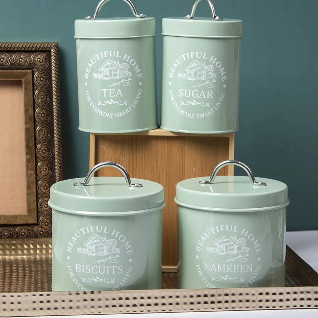 Tea & Sugar Jar (Each 850 Ml) + Biscuits & Namkeen Jar (Each 1300 Ml) - Green, Set Of 4