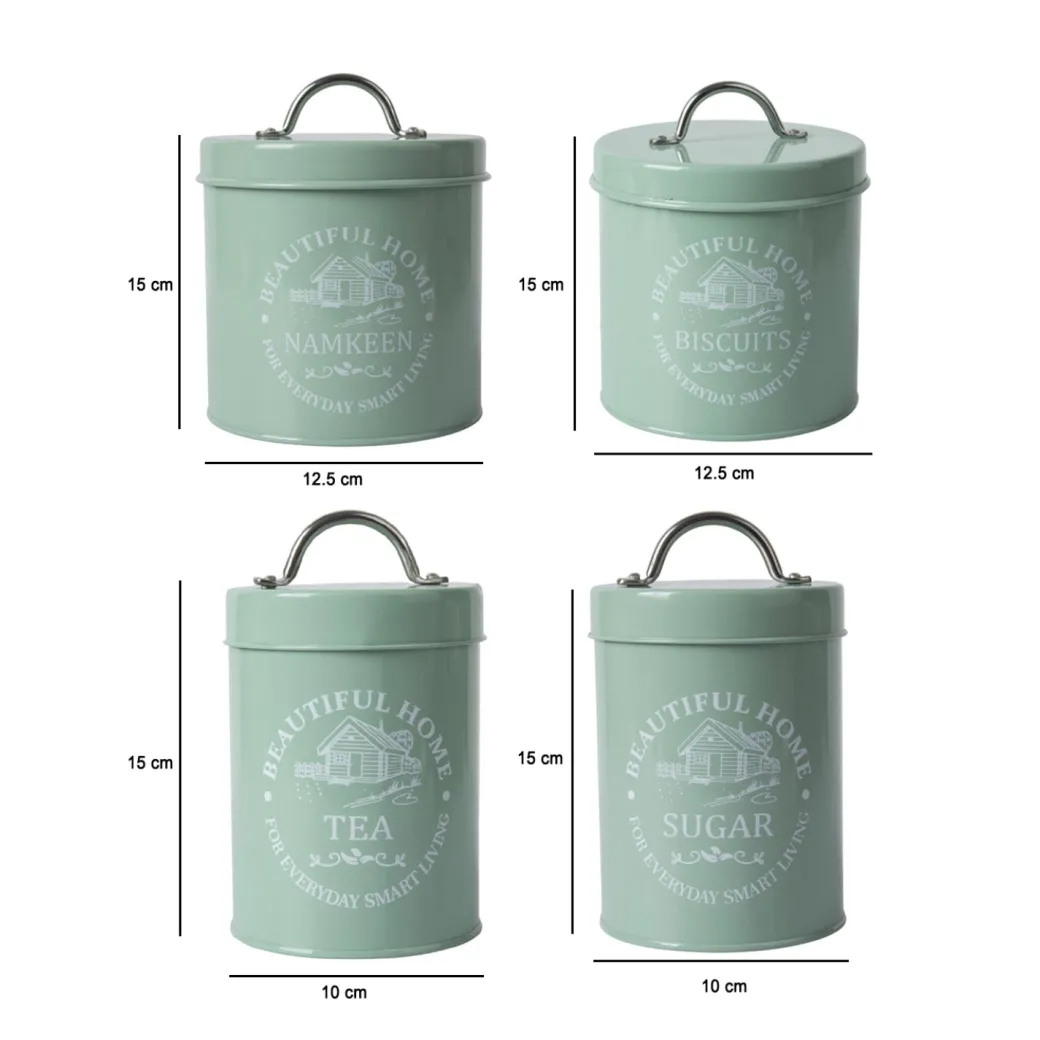 Tea & Sugar Jar (Each 850 Ml) + Biscuits & Namkeen Jar (Each 1300 Ml) - Green, Set Of 4