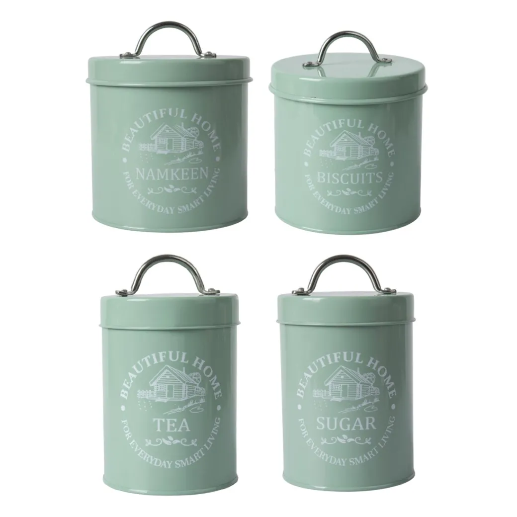 Tea & Sugar Jar (Each 850 Ml) + Biscuits & Namkeen Jar (Each 1300 Ml) - Green, Set Of 4