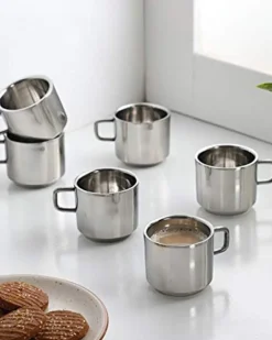 Tea Cups, Silver, Stainless Steel, Set of 6, 100 mL