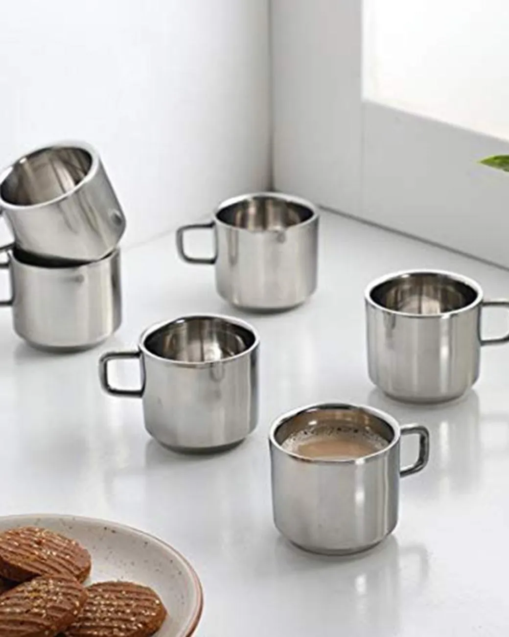Tea Cups, Silver, Stainless Steel, Set of 6, 100 mL