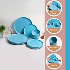 Turquoise Hammered Melamine Dinner Set – 12 Pcs