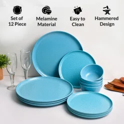 Turquoise Hammered Melamine Dinner Set – 12 Pcs