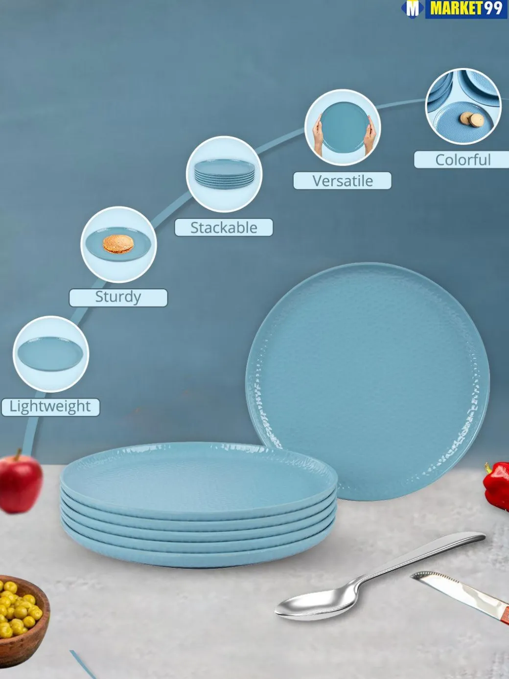 Turquoise Melamine Round Quarter Plate – Set of 6