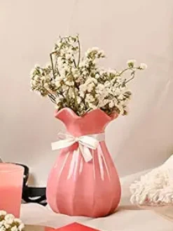 Vase with Bow, Floral Mouth, Pink, Ceramic
