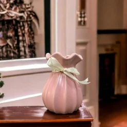 Vase with Bow, Floral Mouth, Pink, Ceramic