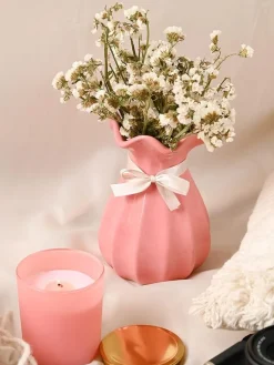 Vase with Bow, Floral Mouth, Pink, Ceramic