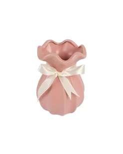 Vase with Bow, Floral Mouth, Pink, Ceramic