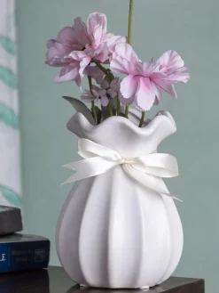 Vase with Bow, Floral Mouth, White, Ceramic