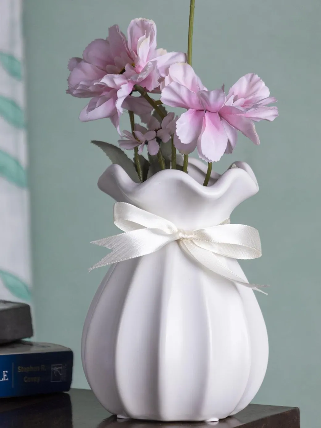 Vase with Bow, Floral Mouth, White, Ceramic