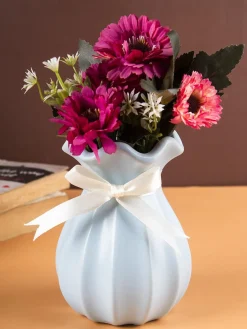Vase with Bow, Floral Mouth, Turquoise, Ceramic