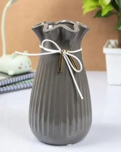 Vase with Tassel, Floral Mouth, Grey, Ceramic