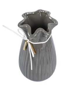 Vase with Tassel, Floral Mouth, Grey, Ceramic