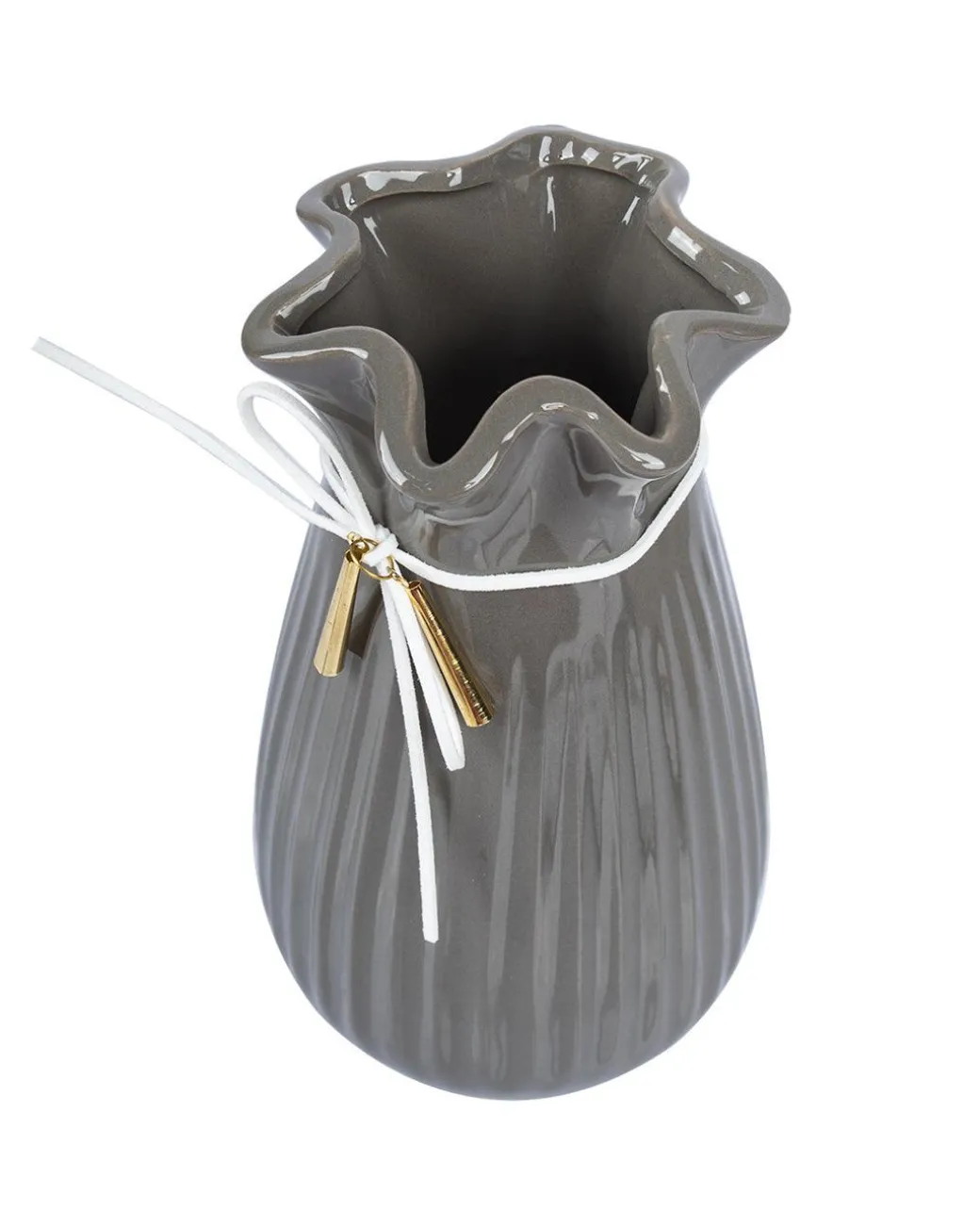 Vase with Tassel, Floral Mouth, Grey, Ceramic