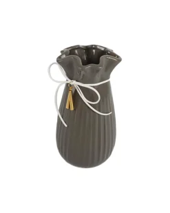 Vase with Tassel, Floral Mouth, Grey, Ceramic
