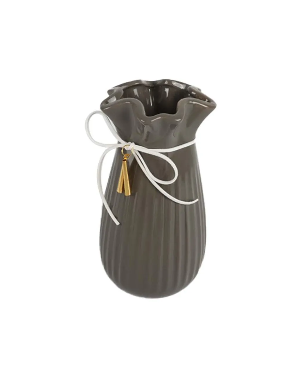 Vase with Tassel, Floral Mouth, Grey, Ceramic