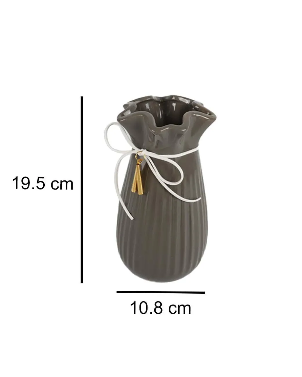 Vase with Tassel, Floral Mouth, Grey, Ceramic