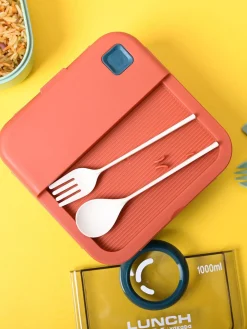 Vibrant Red Lunch Set: 1 Spoon, 1 Fork & 1 Box