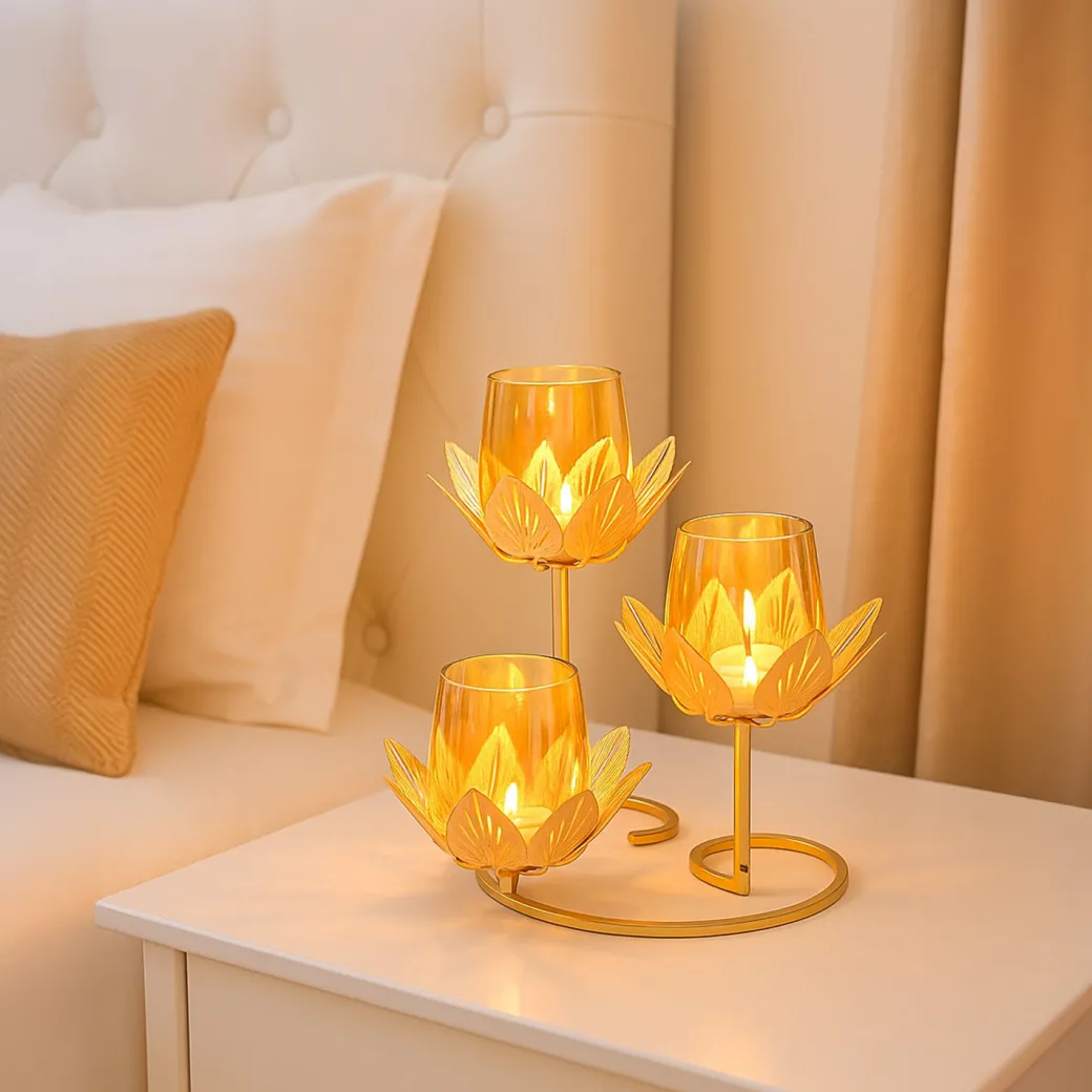 VON CASA 3 Votive T-Light Holder – Triple Lotus Design