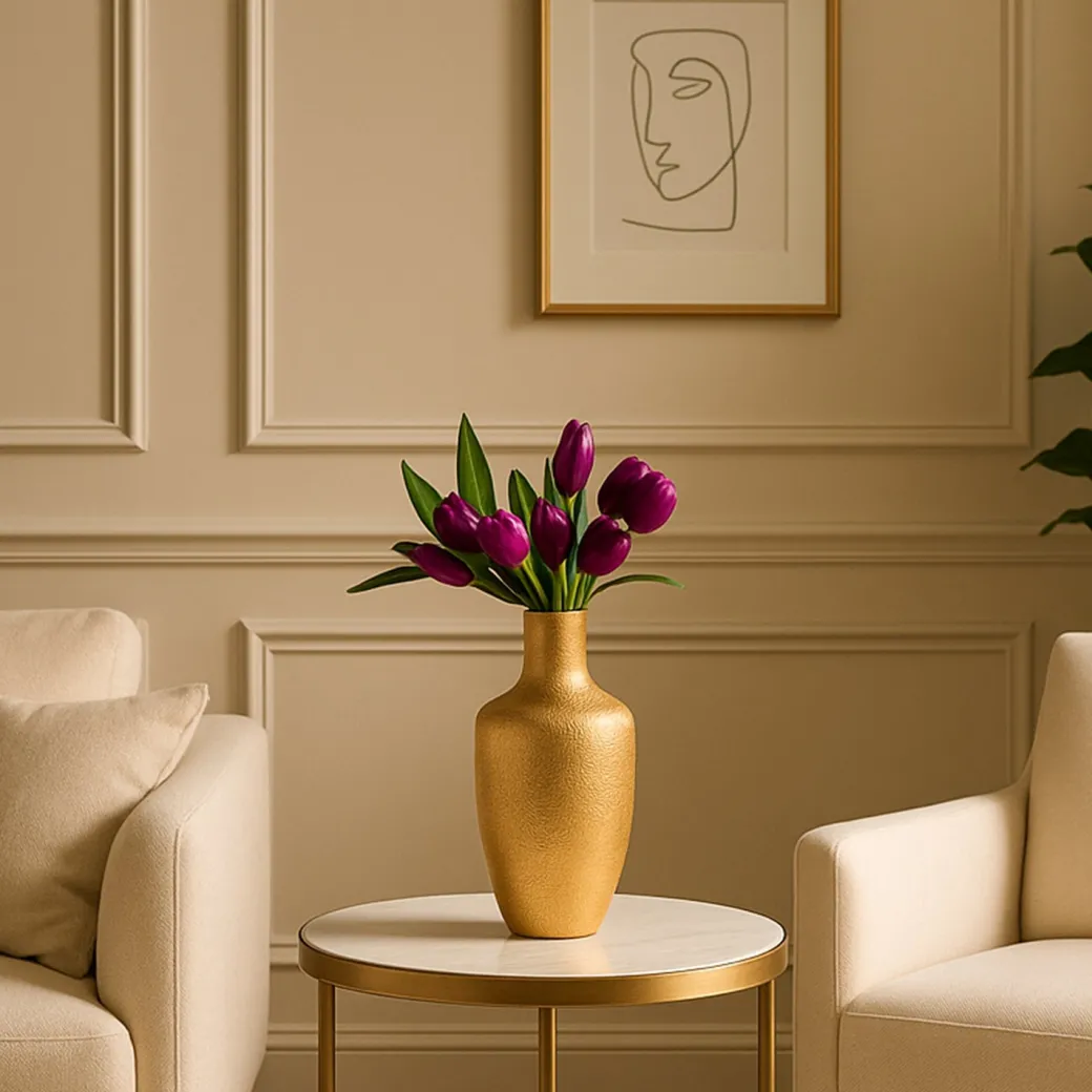 VON CASA Big Golden Surahi Flower Vase – Big (29 CM)
