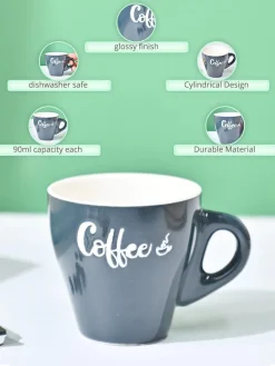 VON CASA Black Coffee Mug - Set Of 2, 90Ml Each