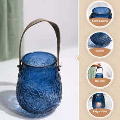 VON CASA Blue Cylindrical Glass T-Light Holder